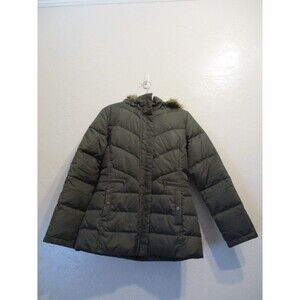Larry Levine Womens S Down Puffer Jacket Green Faux Fur Hood Removable Trim Coat